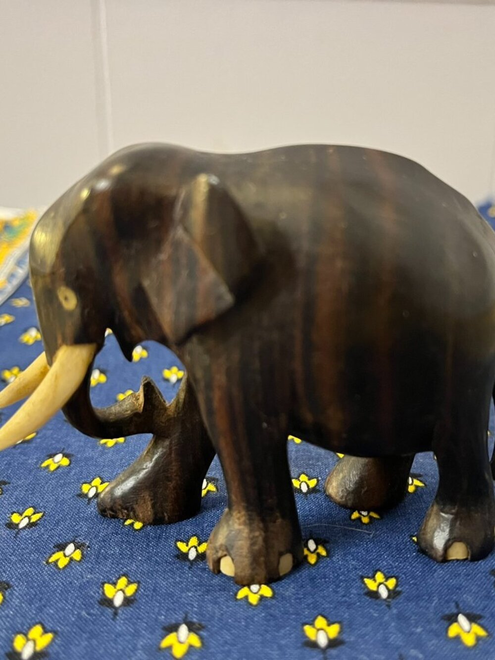 Hand Carved Wood Elephant Figurine Long Tusks Trunk Down Vintage Decor